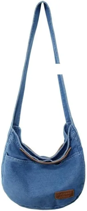 Women's Hobo Japanese Retro Denim Messenger Bag Vintage Grunge Tote Packs Harajuku Academic Aesthetic Large Purse (light blue)