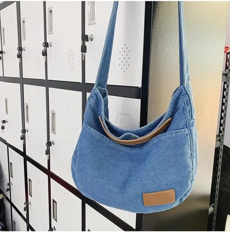 Women's Hobo Japanese Retro Denim Messenger Bag Vintage Grunge Tote Packs Harajuku Academic Aesthetic Large Purse (light blue)