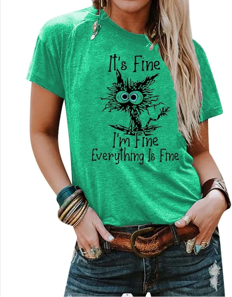 Women's I'm Fine Everything is Fine T-Shirts Short Sleeve Sayings Oversized Casual Cute Cat Graphic Tee Blouse Tops