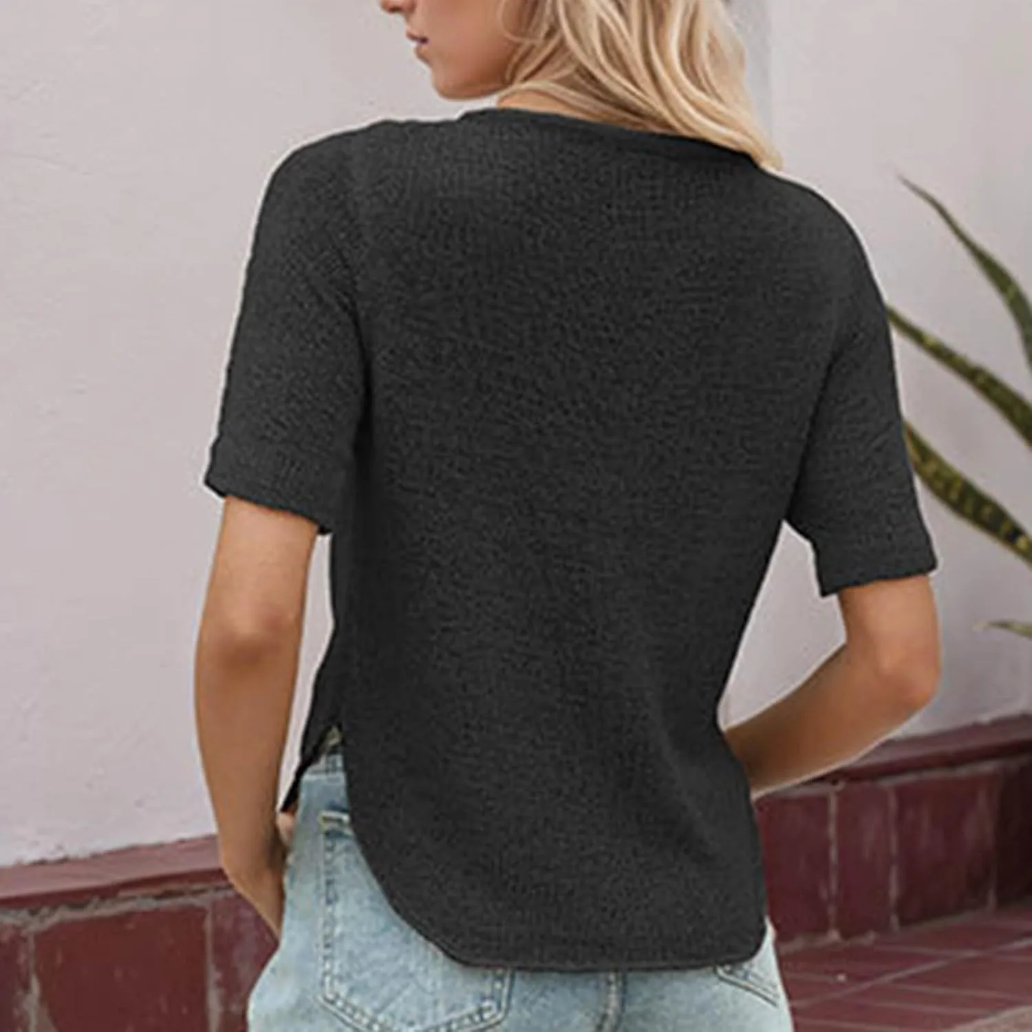 Womens Kintted Tops Summer Casual Ventilated Short Sleeves Low-Cut V-Neck Solid Color T-Shirts Lounge Loose Comfy Tees