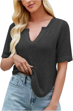 Womens Kintted Tops Summer Casual Ventilated Short Sleeves Low-Cut V-Neck Solid Color T-Shirts Lounge Loose Comfy Tees