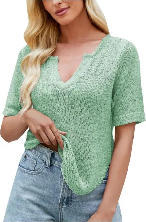 Womens Kintted Tops Summer Casual Ventilated Short Sleeves Low-Cut V-Neck Solid Color T-Shirts Lounge Loose Comfy Tees