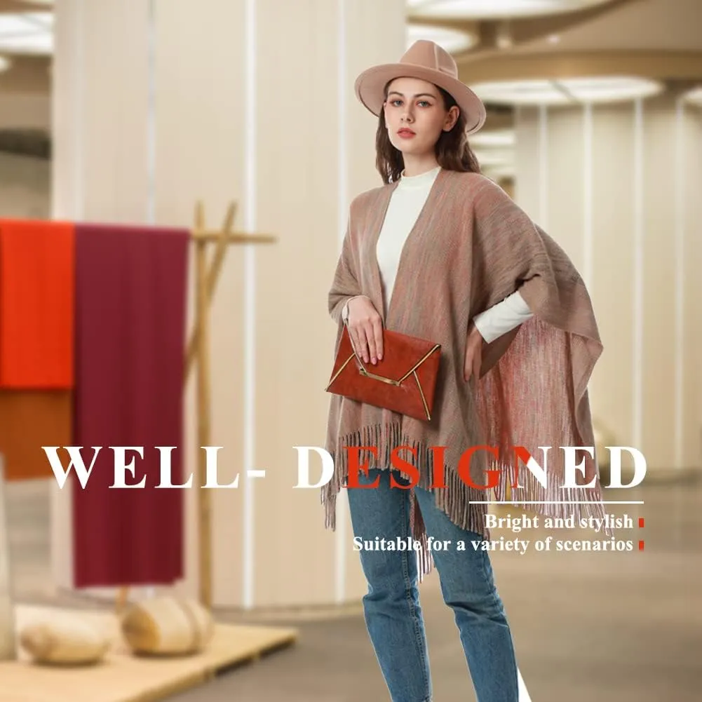 Women's Knit Shawl Wraps, Knitted Poncho Cape Open Front Cardigan Sweater with Tassel for Spring Fall Winter