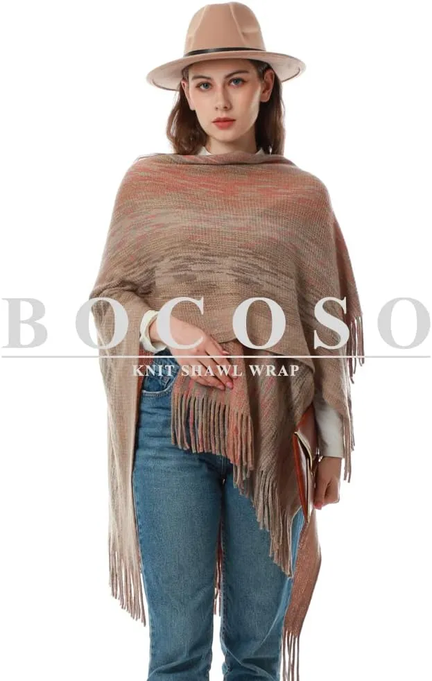 Women's Knit Shawl Wraps, Knitted Poncho Cape Open Front Cardigan Sweater with Tassel for Spring Fall Winter