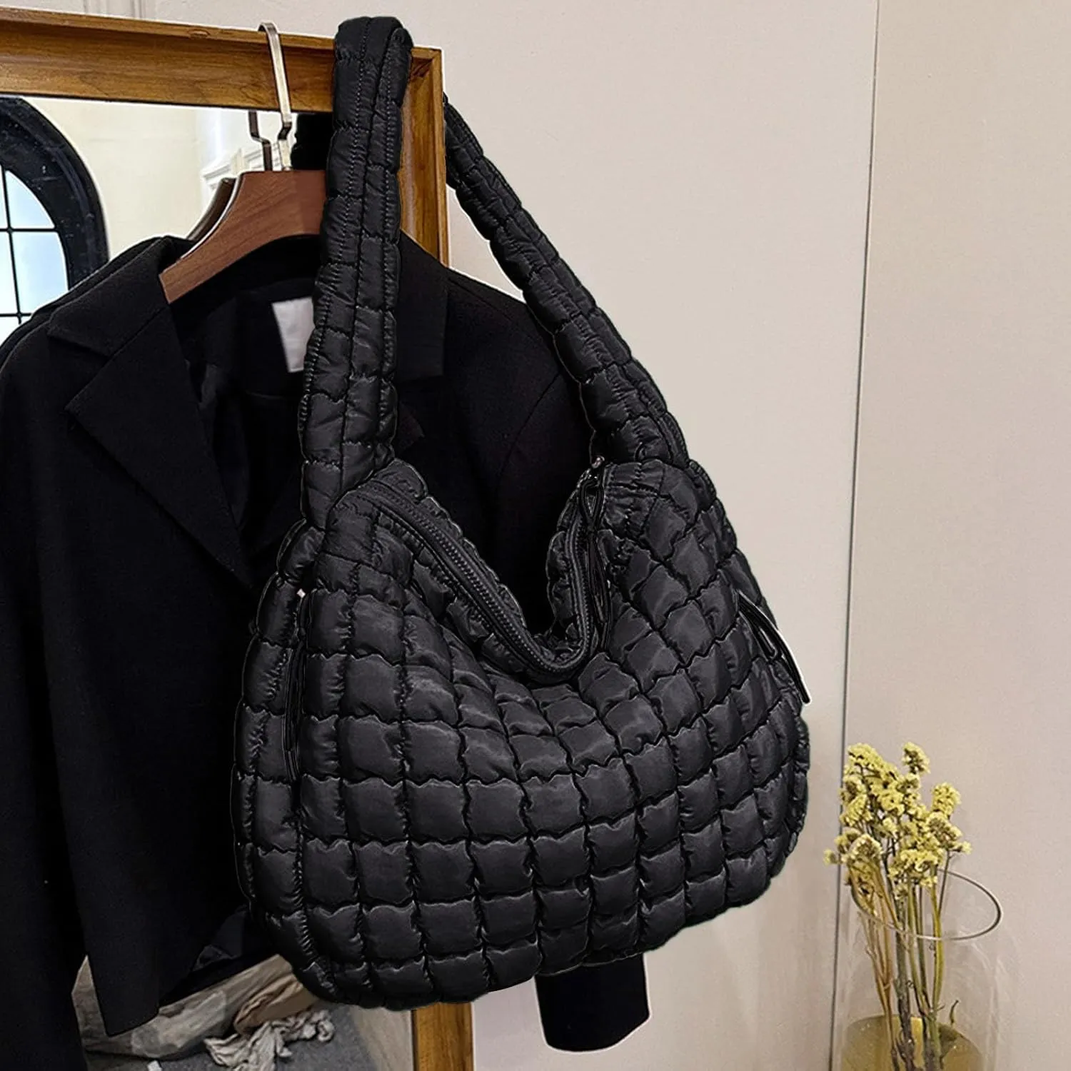 Womens Lightweight Quilted Carryall Gym Bag Soft Puffer Tote Bag Big Capacity Hobo Purse Beach Handbag