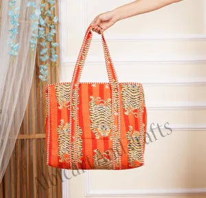 Women's Lightweight Quilted Cotton Tiger Printed Reversible Large Tote Bag Grocery Shopping Travel Bag