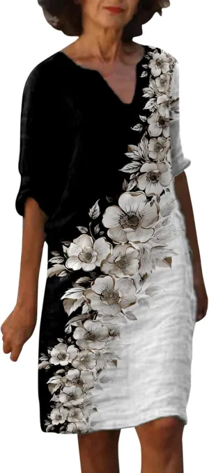 Womens Linen Dress Comfy Fashion Elegant Flower Print Short Sleeve Pastel Dress Work Spring 80S Outfit for Women