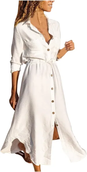 Women's Long Sleeve Cotton Linen Midi Dresses Solid Color Collared Tunic Dress Button Up Casual Beach Long Dress