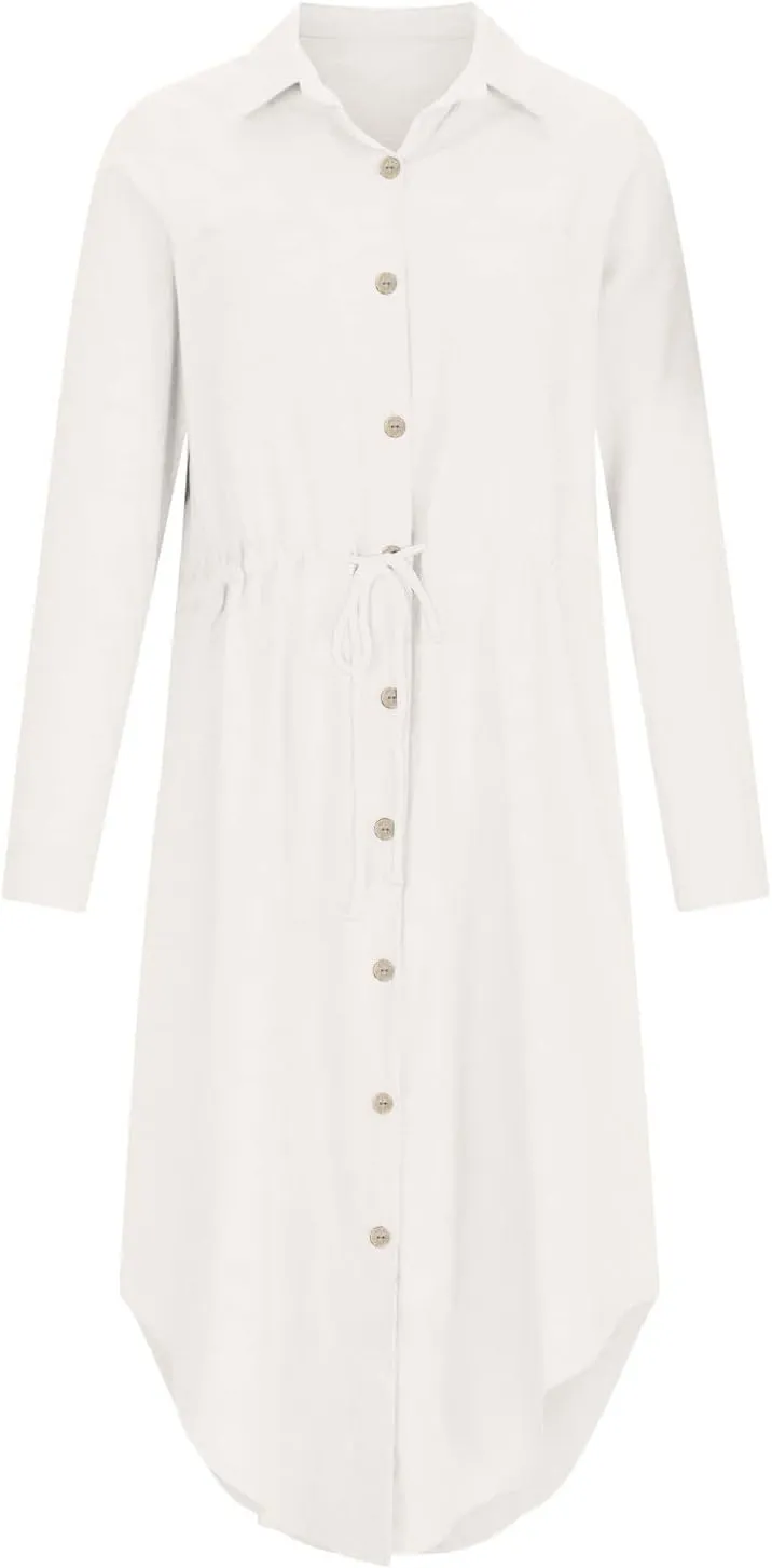 Women's Long Sleeve Cotton Linen Midi Dresses Solid Color Collared Tunic Dress Button Up Casual Beach Long Dress
