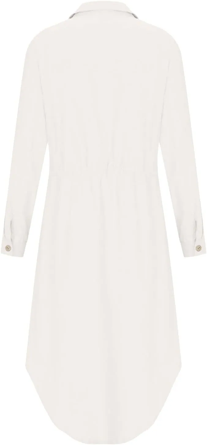 Women's Long Sleeve Cotton Linen Midi Dresses Solid Color Collared Tunic Dress Button Up Casual Beach Long Dress