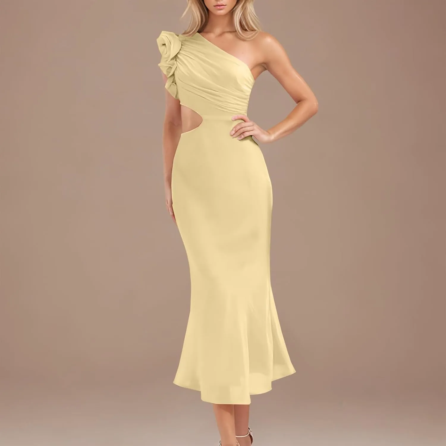 Women's One Shoulder Sleeveless Cutout Bodycon Maxi Long Dress Sexy Ruffle Elegant Cocktail Gown Evening Dresses