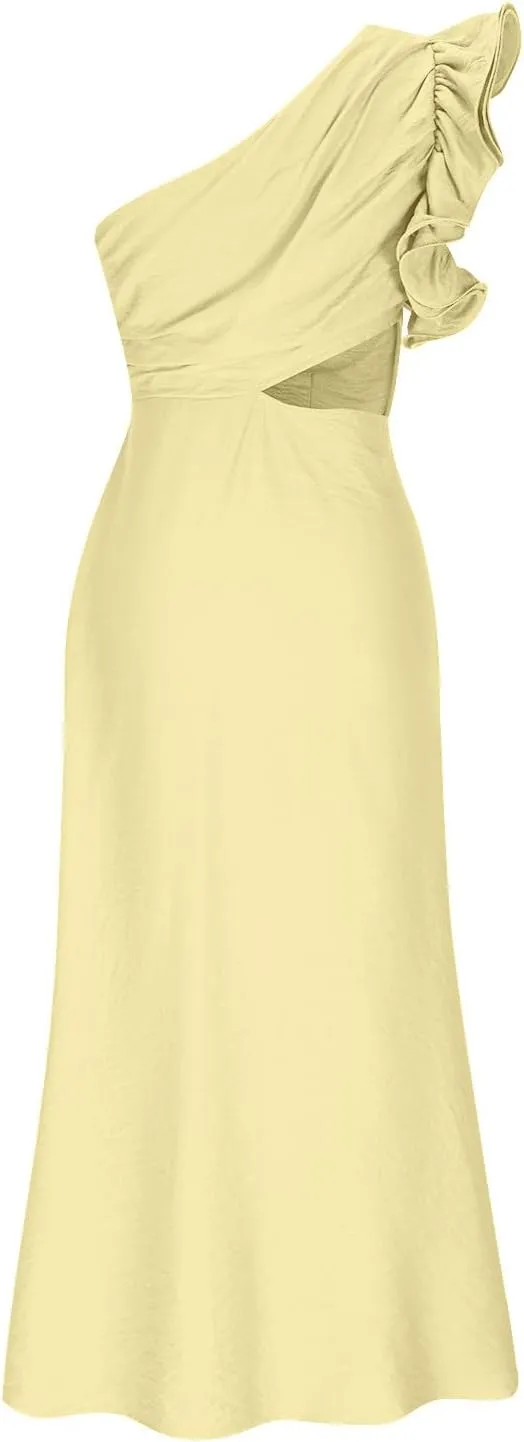 Women's One Shoulder Sleeveless Cutout Bodycon Maxi Long Dress Sexy Ruffle Elegant Cocktail Gown Evening Dresses