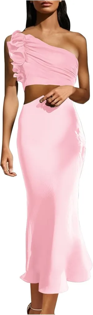 Women's One Shoulder Sleeveless Cutout Bodycon Maxi Long Dress Sexy Ruffle Elegant Cocktail Gown Evening Dresses