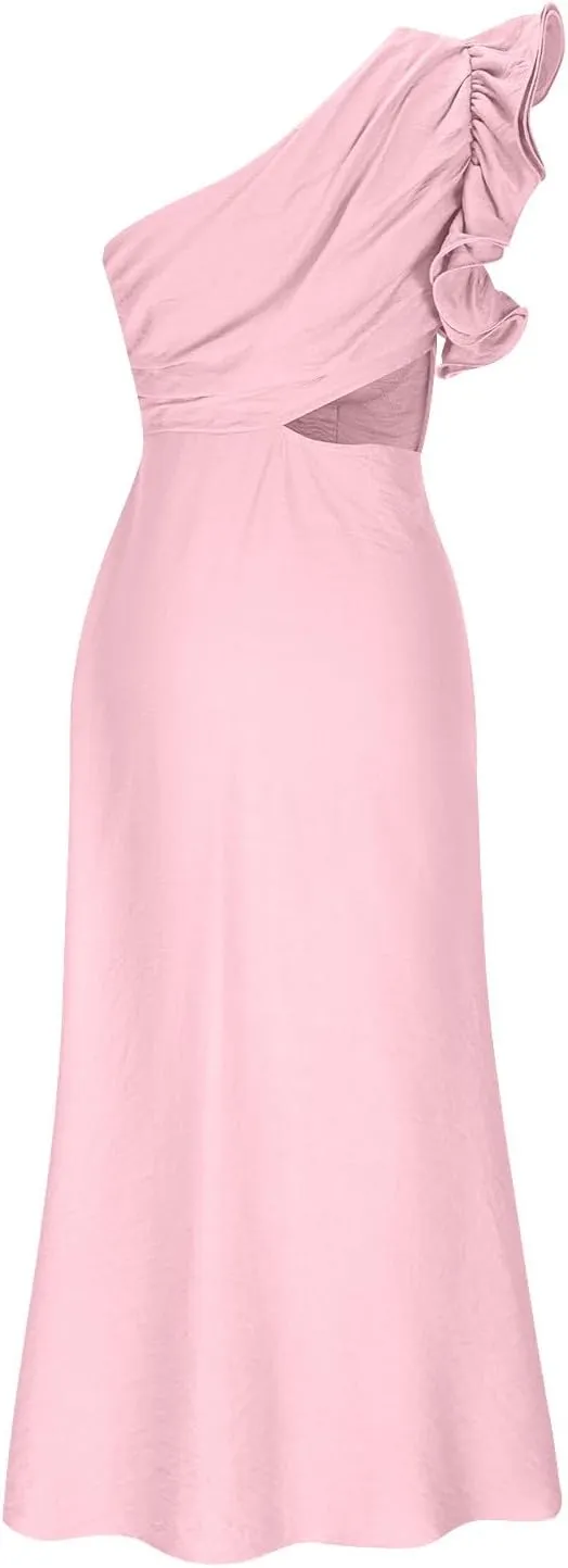 Women's One Shoulder Sleeveless Cutout Bodycon Maxi Long Dress Sexy Ruffle Elegant Cocktail Gown Evening Dresses