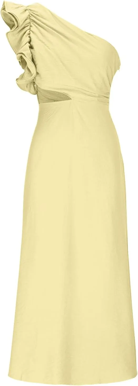 Women's One Shoulder Sleeveless Cutout Bodycon Maxi Long Dress Sexy Ruffle Elegant Cocktail Gown Evening Dresses
