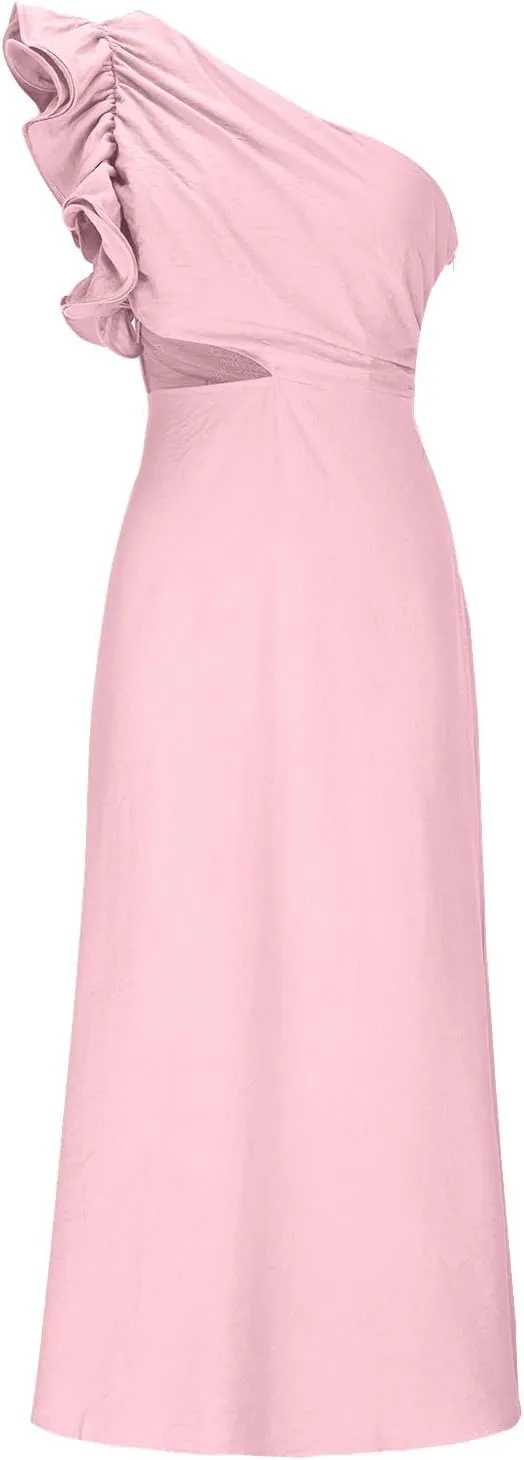 Women's One Shoulder Sleeveless Cutout Bodycon Maxi Long Dress Sexy Ruffle Elegant Cocktail Gown Evening Dresses