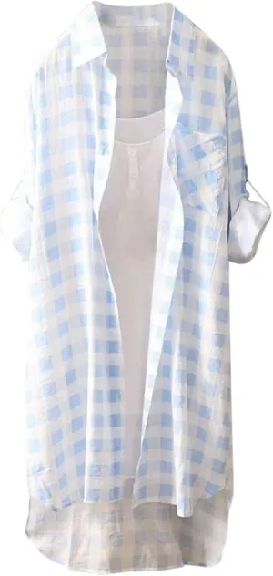 Women's Oversized Flannel Plaid Linen Shirts Camp Button Down Roll Up Sleeve Shirts Western Poplin Check Tunic Tops
