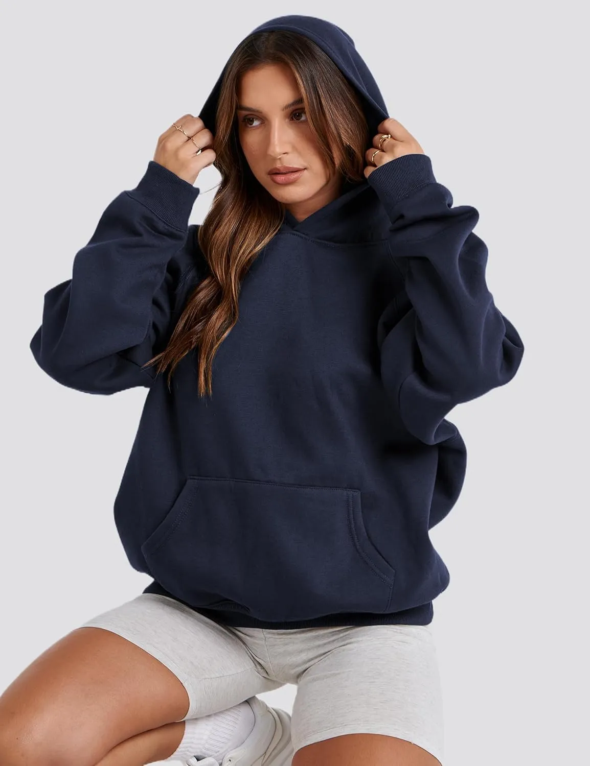 Womens Oversized Hoodies Sweatshirt Basic Solid Long Raglan Sleeves Loose Fleece Hooded Pullover With Kangaroo Pocket