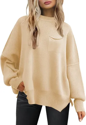 Women's Oversized Sweaters 2025 Crewneck Long Sleeve Ribbed Knit Batwing Pullover Tops
