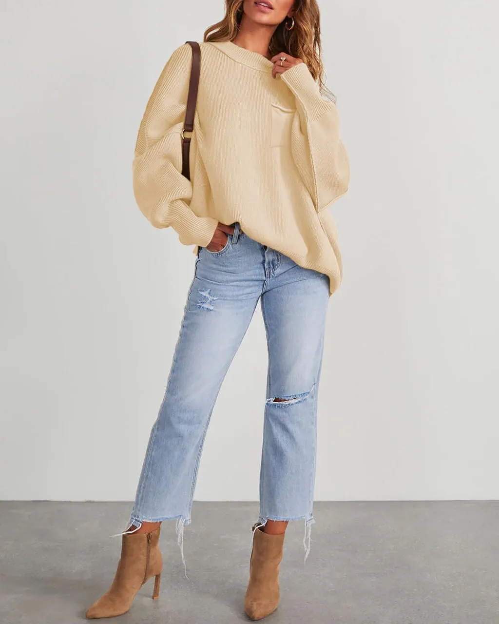 Women's Oversized Sweaters 2025 Crewneck Long Sleeve Ribbed Knit Batwing Pullover Tops