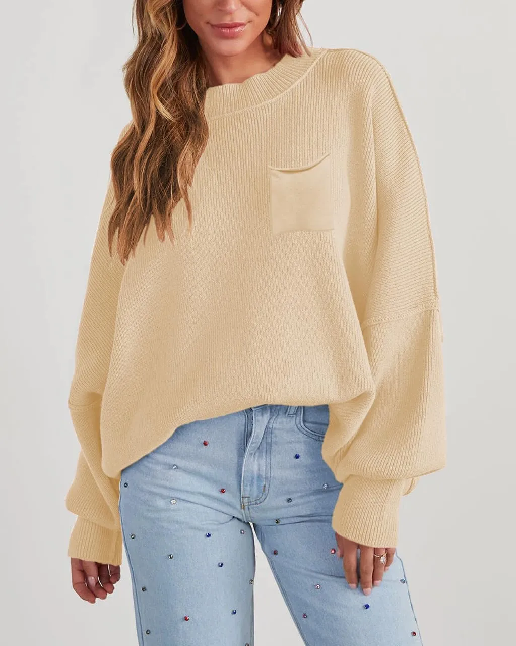 Women's Oversized Sweaters 2025 Crewneck Long Sleeve Ribbed Knit Batwing Pullover Tops