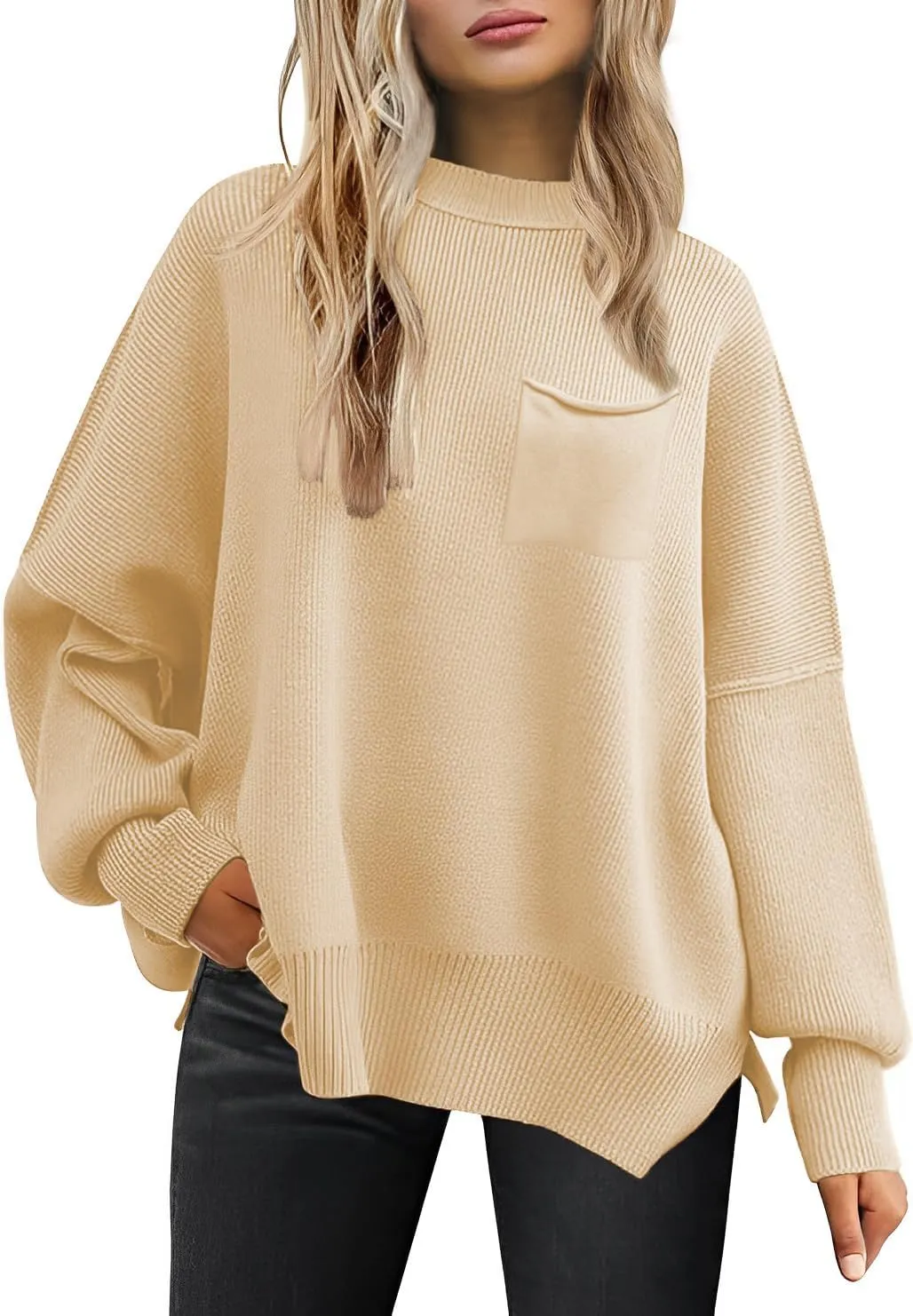 Women's Oversized Sweaters 2025 Crewneck Long Sleeve Ribbed Knit Batwing Pullover Tops