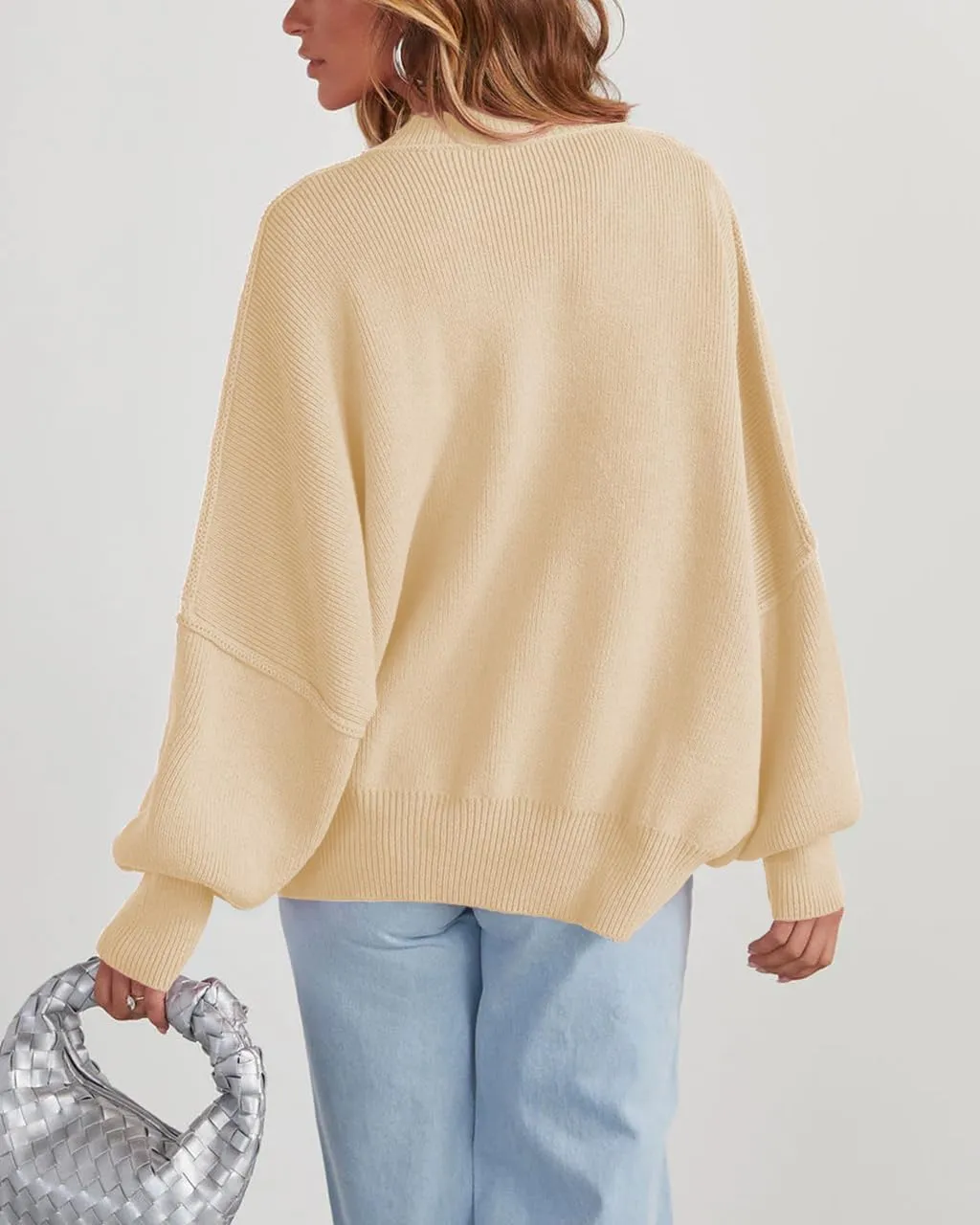 Women's Oversized Sweaters 2025 Crewneck Long Sleeve Ribbed Knit Batwing Pullover Tops