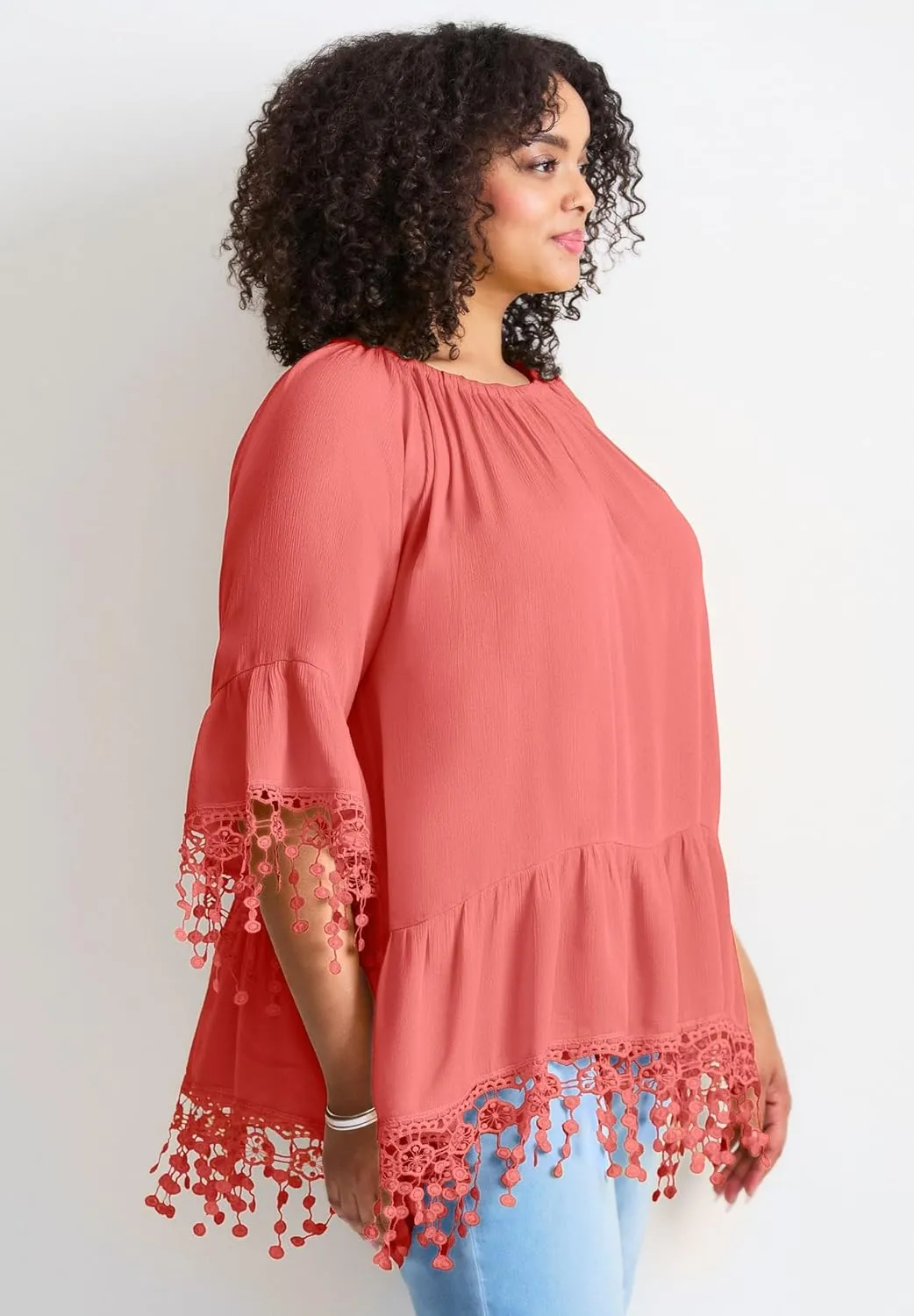 Women's Plus Size Crochet Fringe Trim Tunic