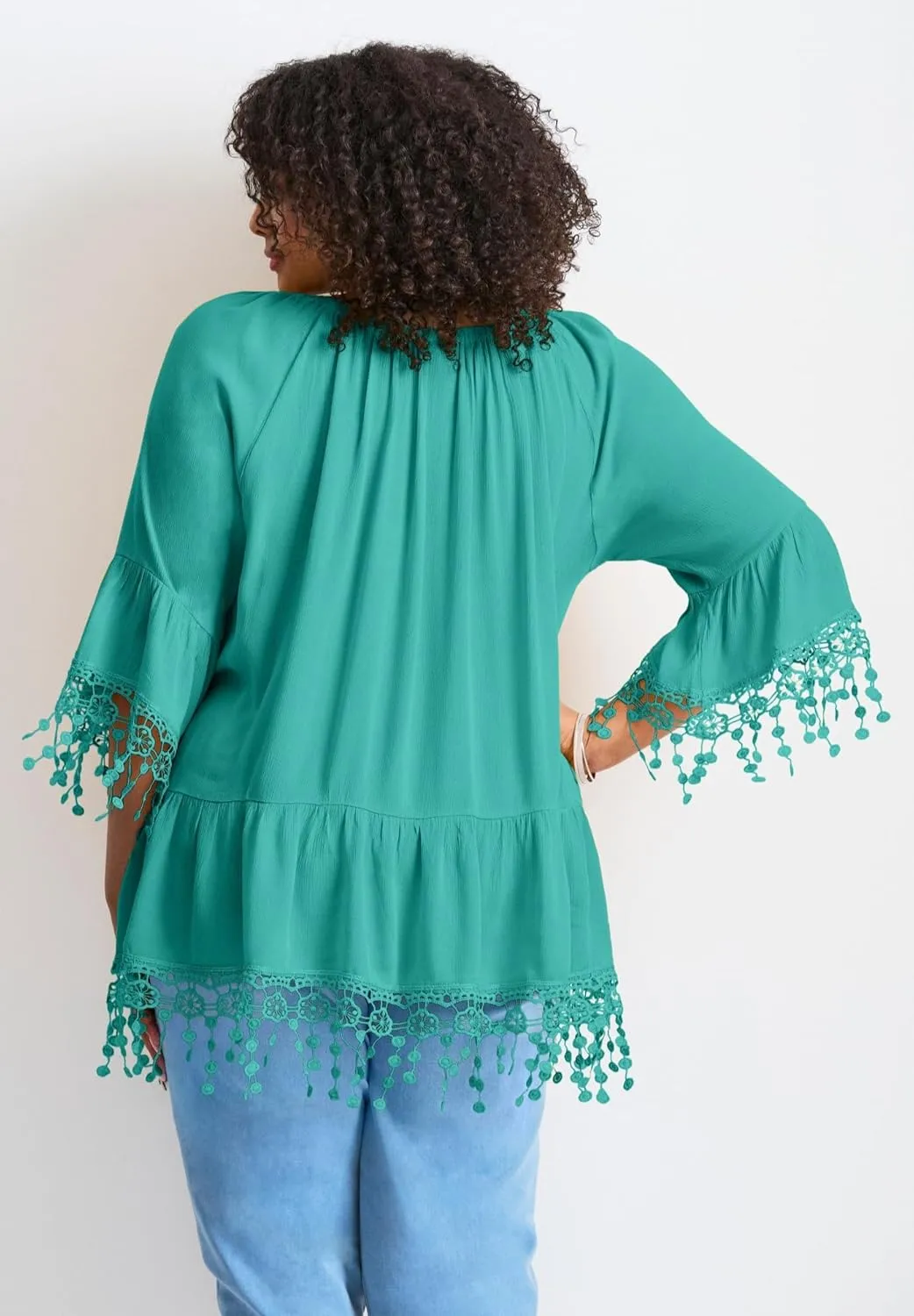 Women's Plus Size Crochet Fringe Trim Tunic