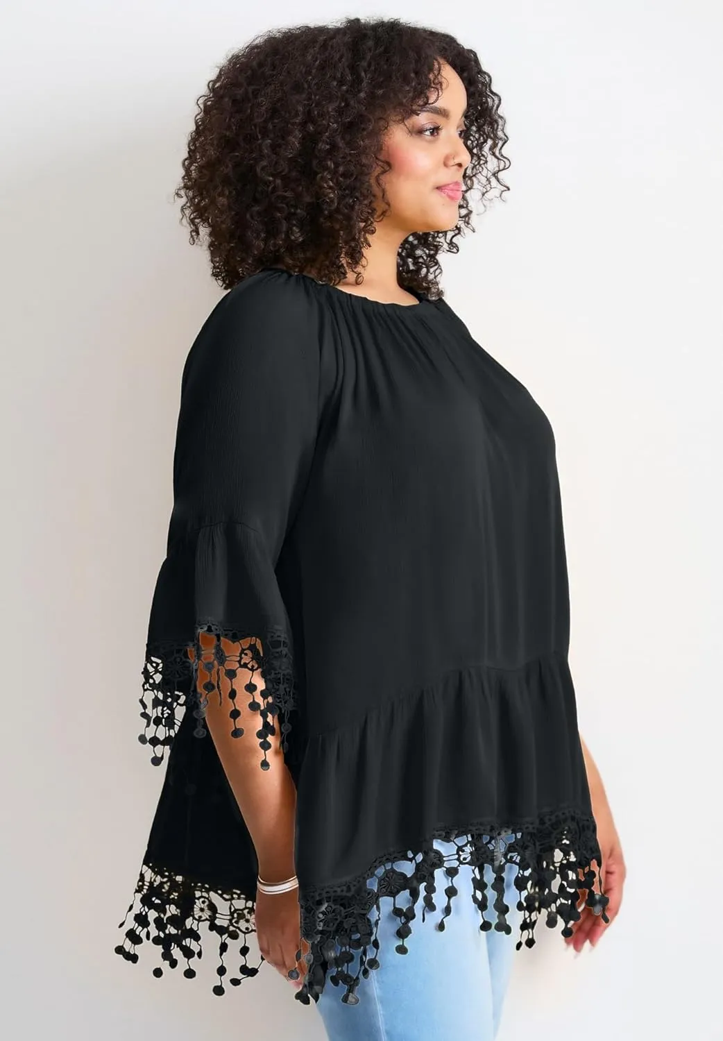Women's Plus Size Crochet Fringe Trim Tunic