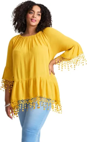 Women's Plus Size Crochet Fringe Trim Tunic