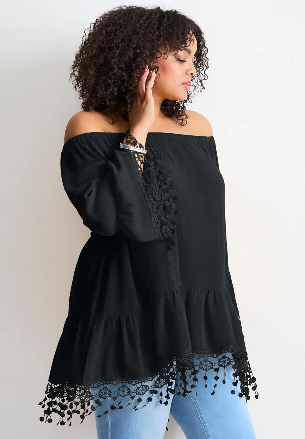 Women's Plus Size Crochet Fringe Trim Tunic
