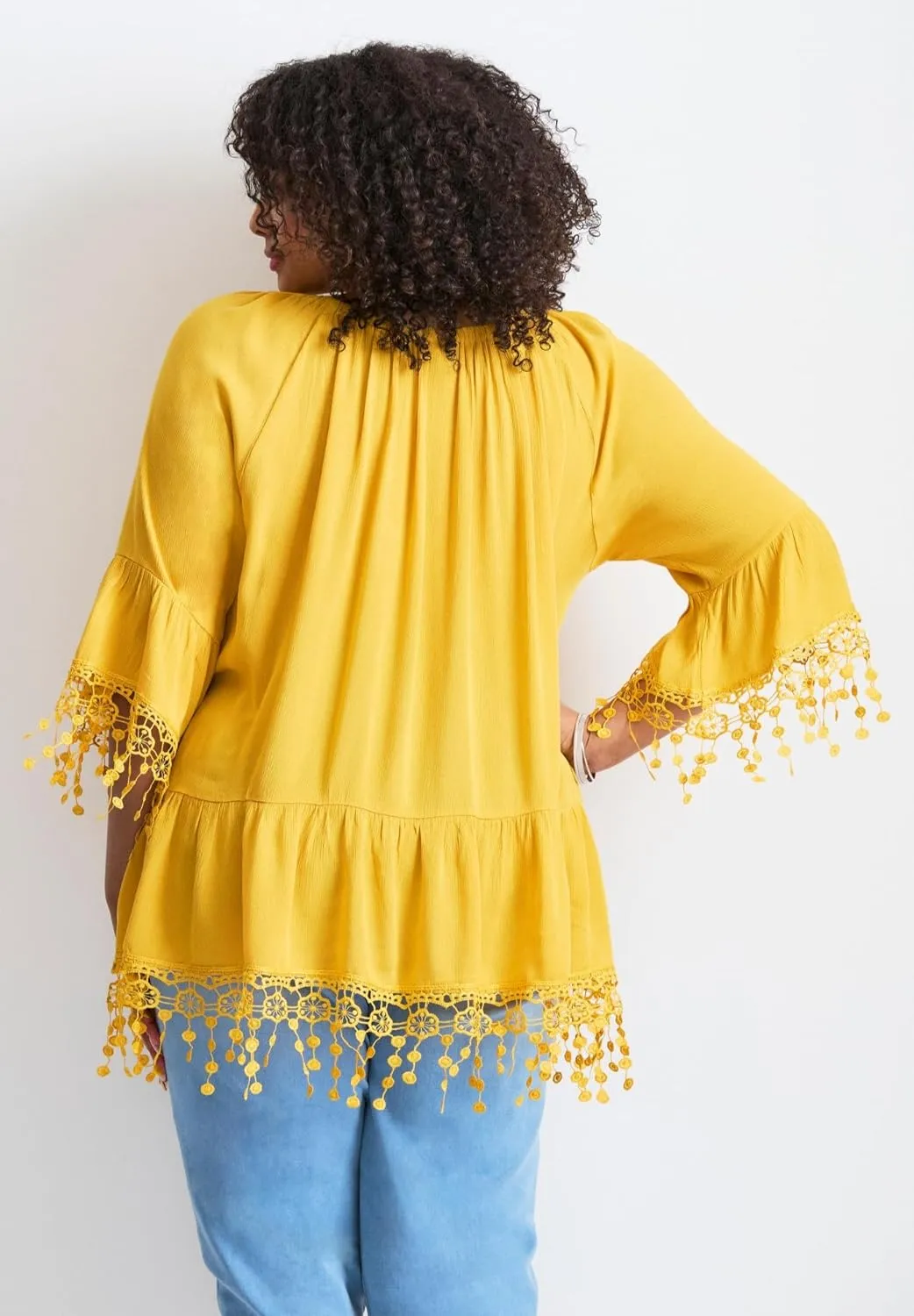 Women's Plus Size Crochet Fringe Trim Tunic