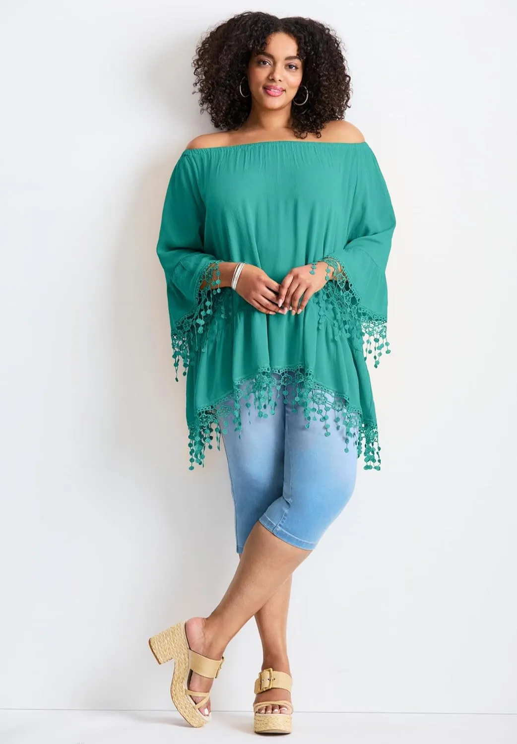 Women's Plus Size Crochet Fringe Trim Tunic