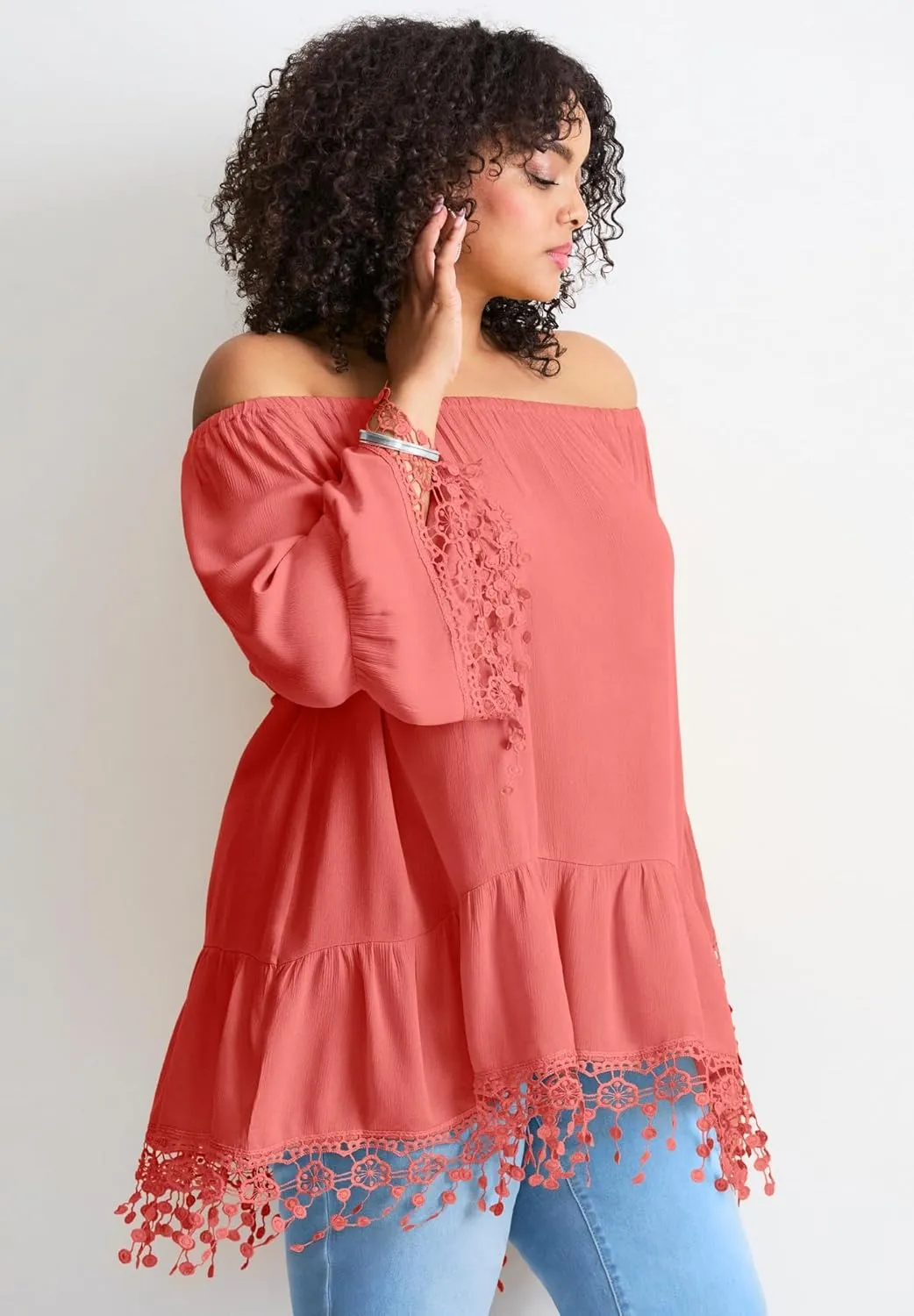 Women's Plus Size Crochet Fringe Trim Tunic