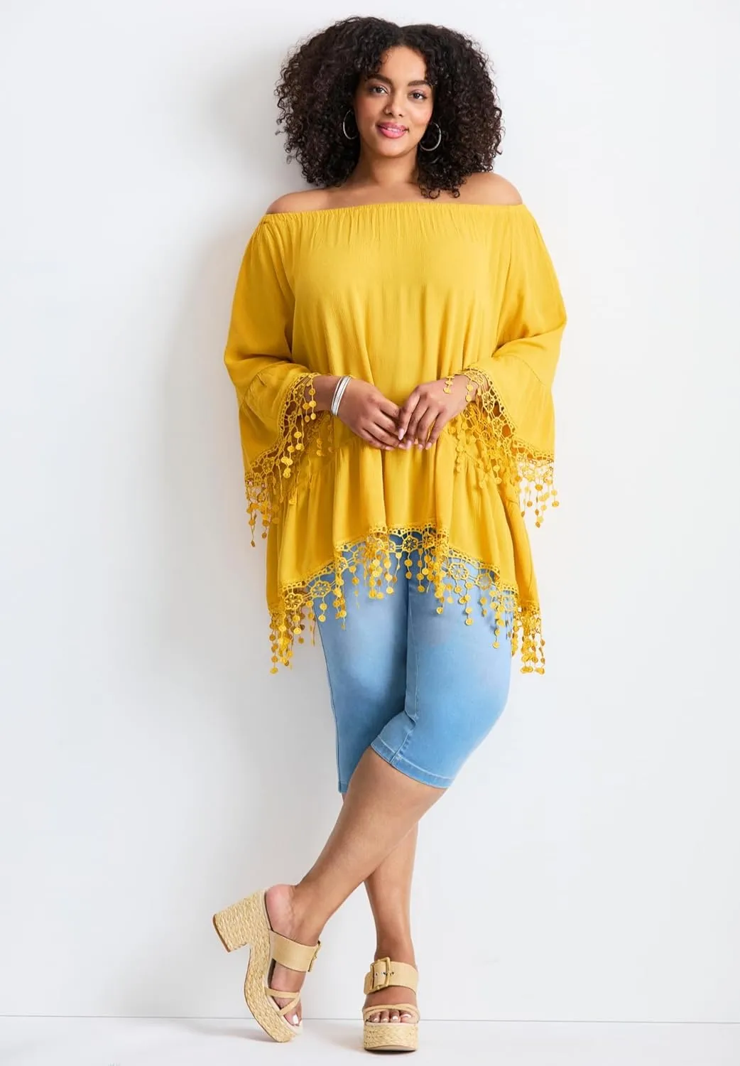 Women's Plus Size Crochet Fringe Trim Tunic