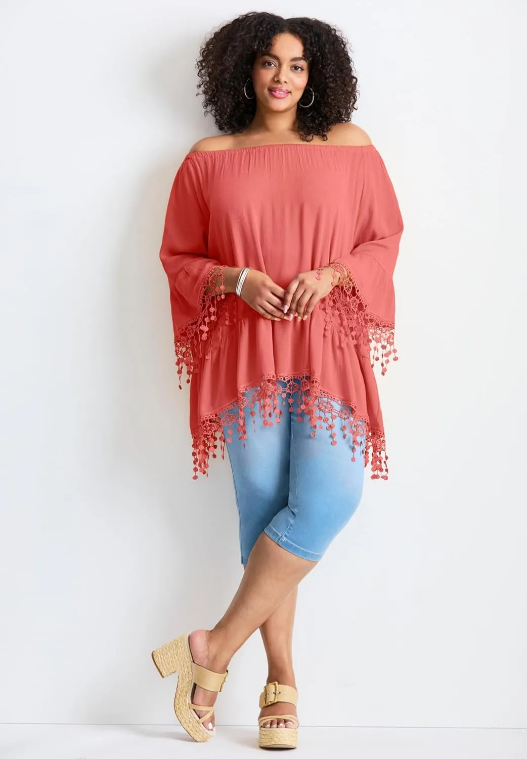 Women's Plus Size Crochet Fringe Trim Tunic