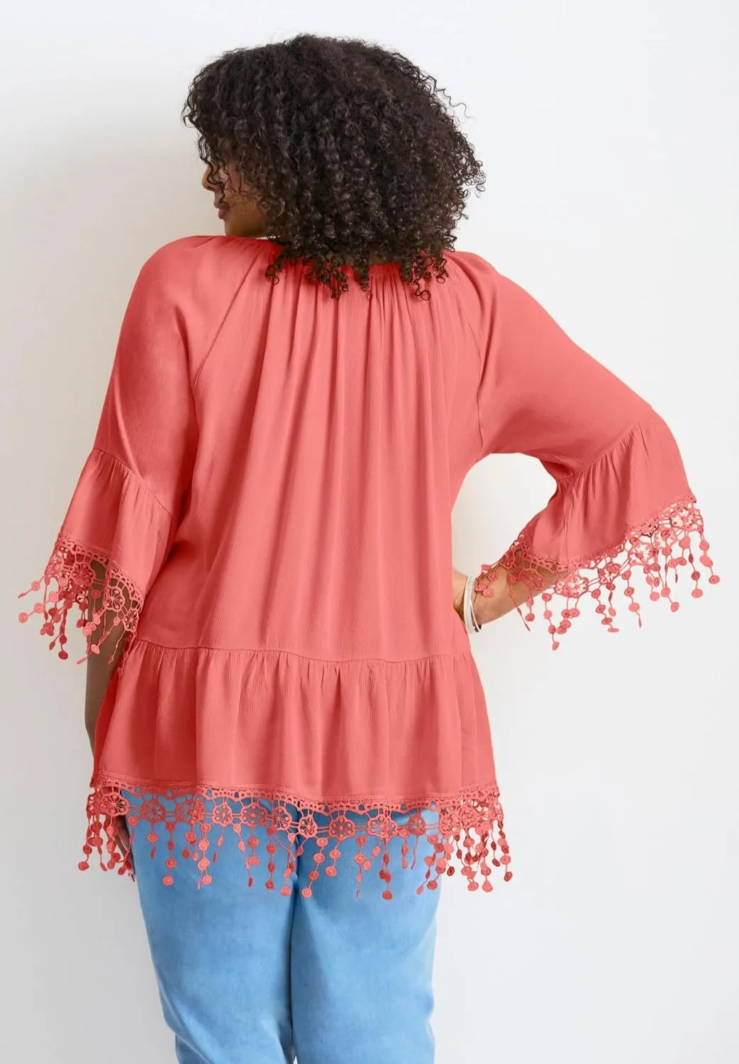 Women's Plus Size Crochet Fringe Trim Tunic