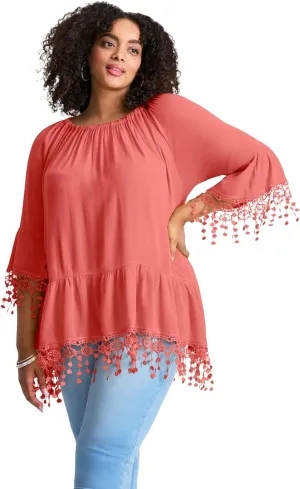 Women's Plus Size Crochet Fringe Trim Tunic