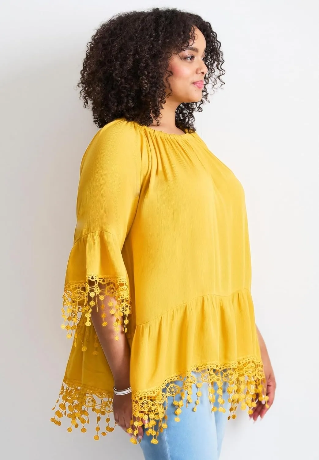 Women's Plus Size Crochet Fringe Trim Tunic