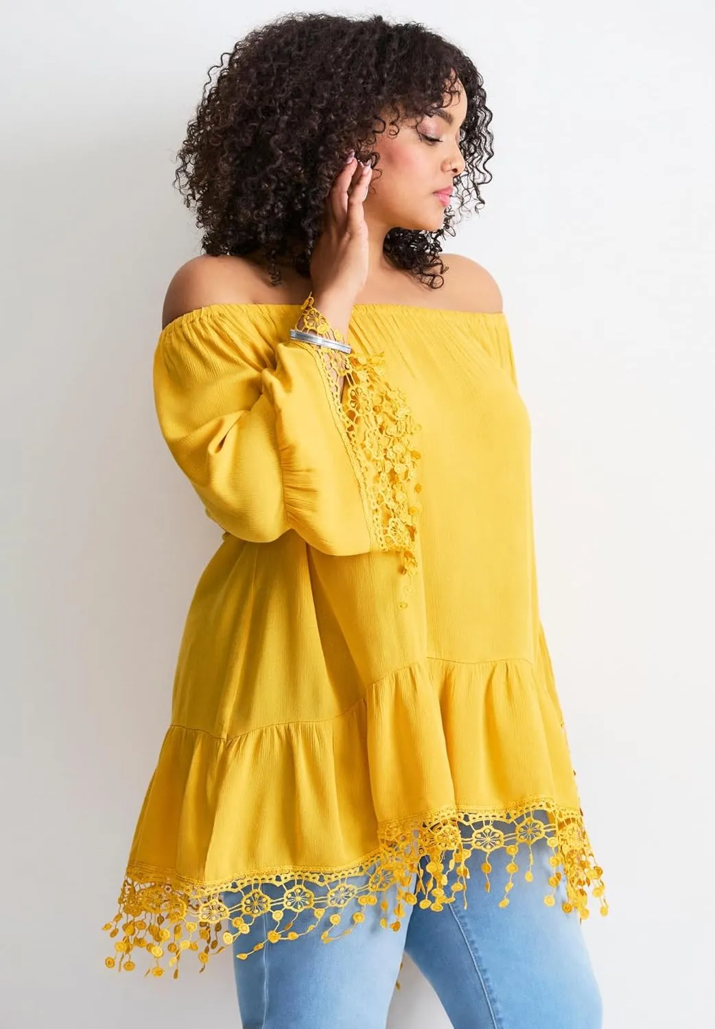 Women's Plus Size Crochet Fringe Trim Tunic