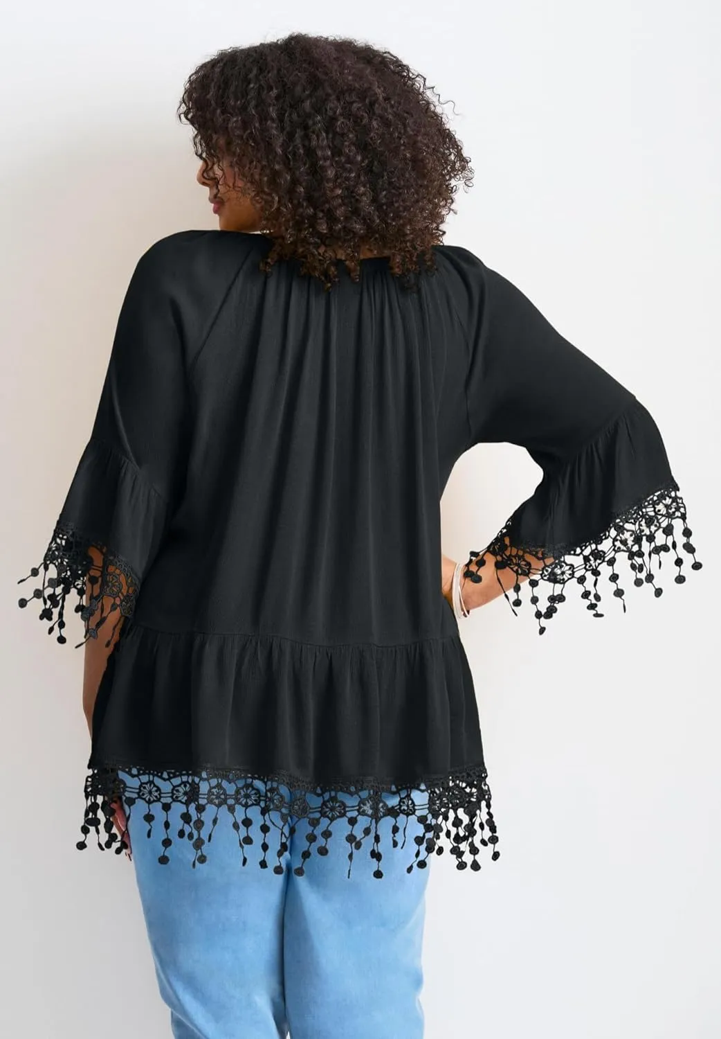 Women's Plus Size Crochet Fringe Trim Tunic