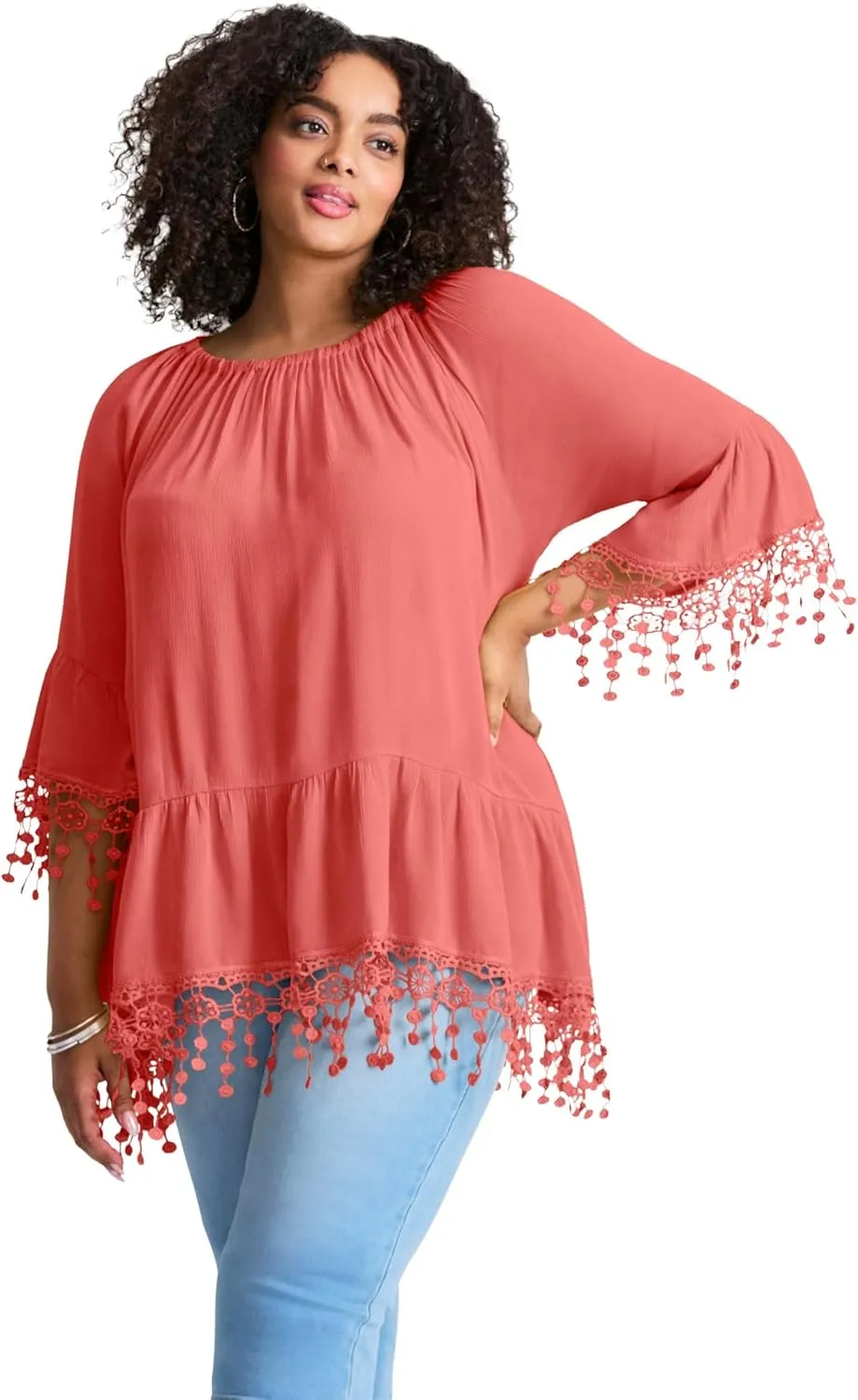 Women's Plus Size Crochet Fringe Trim Tunic