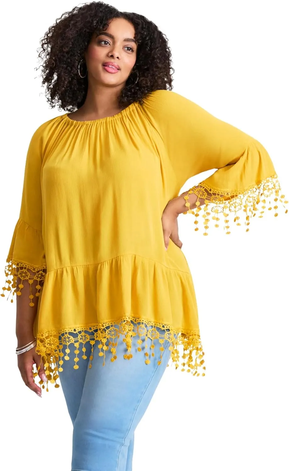 Women's Plus Size Crochet Fringe Trim Tunic