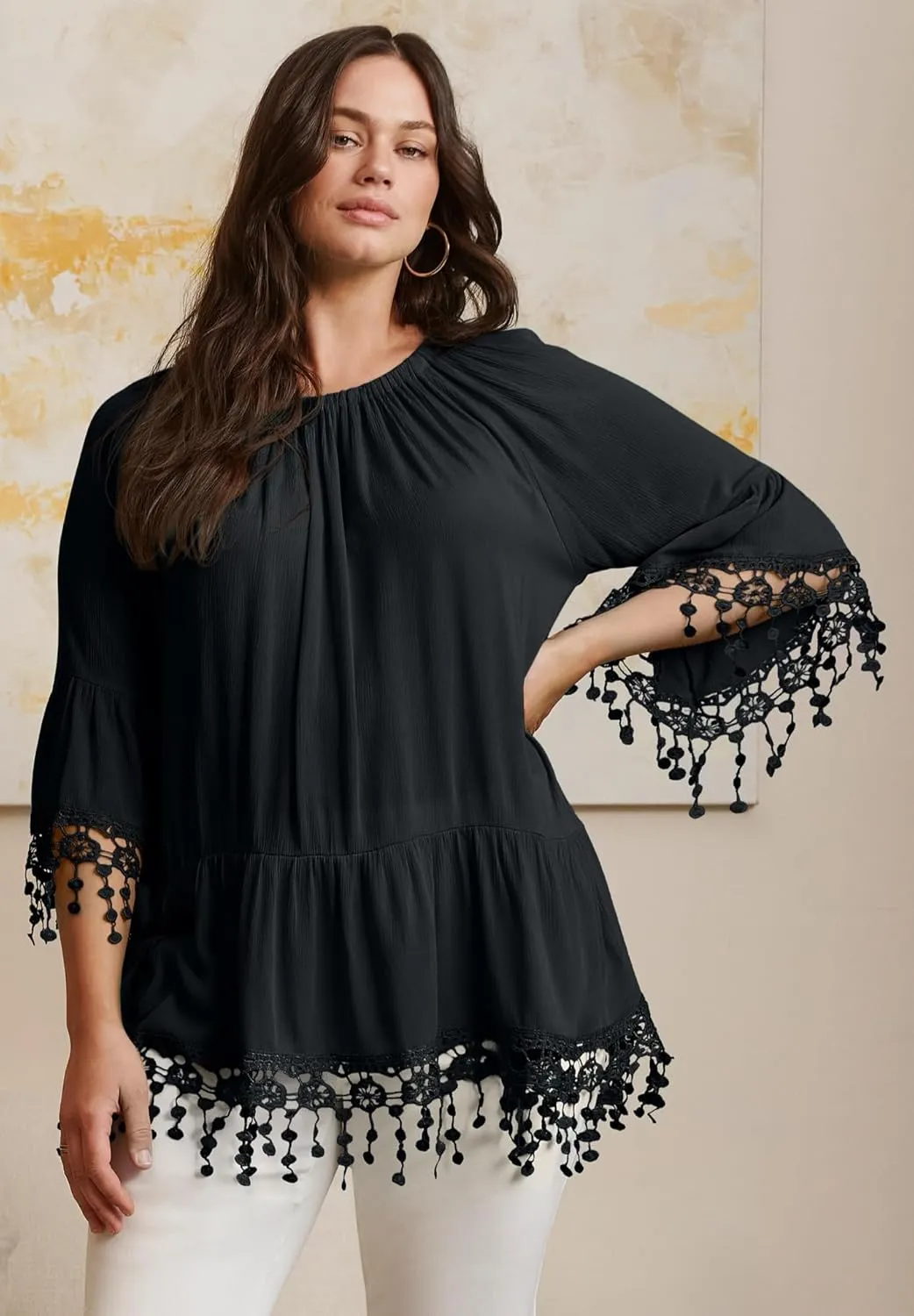 Women's Plus Size Crochet Fringe Trim Tunic