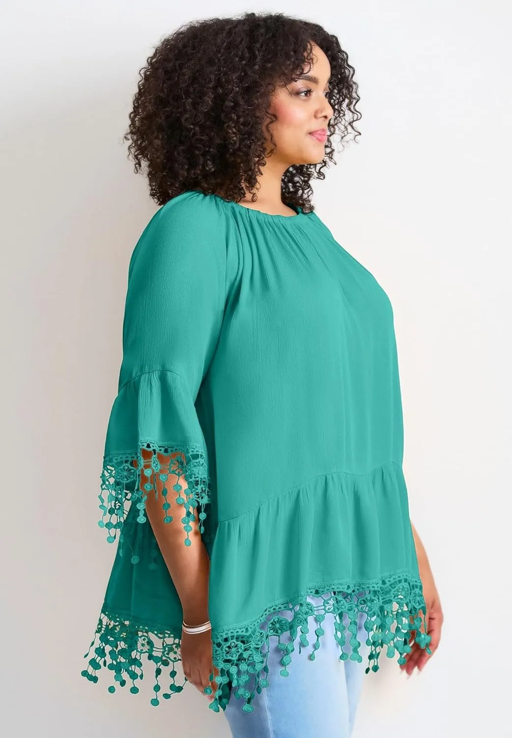Women's Plus Size Crochet Fringe Trim Tunic