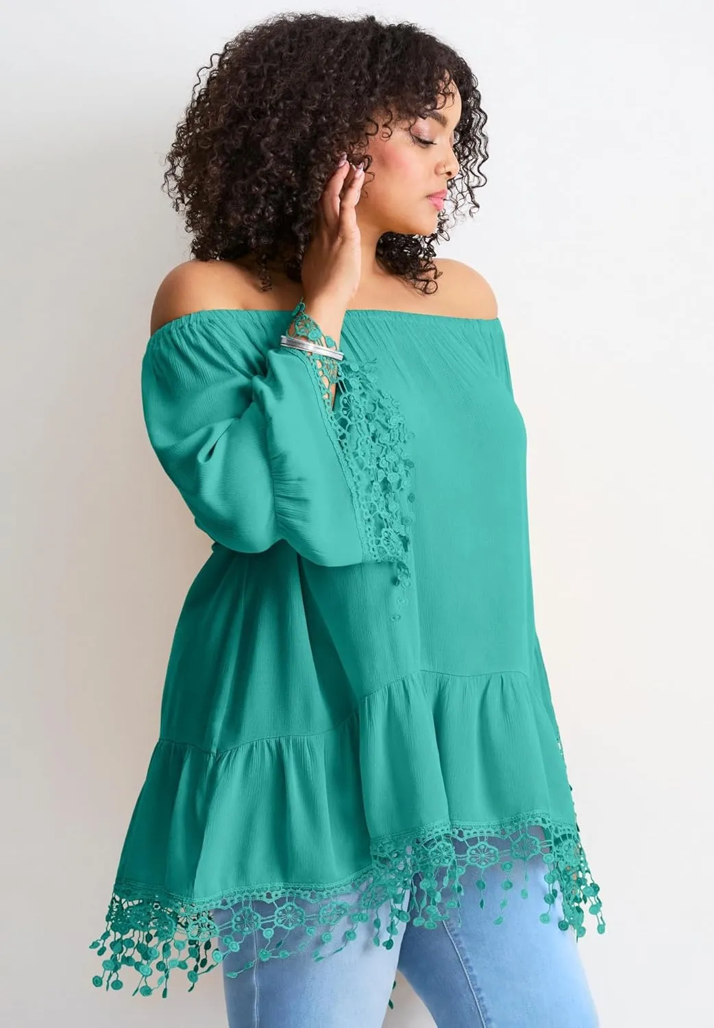 Women's Plus Size Crochet Fringe Trim Tunic