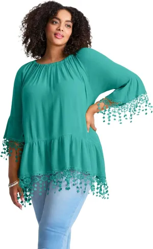 Women's Plus Size Crochet Fringe Trim Tunic