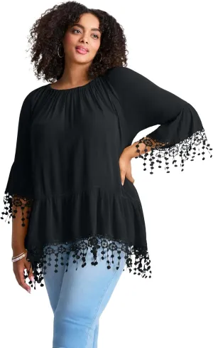 Women's Plus Size Crochet Fringe Trim Tunic
