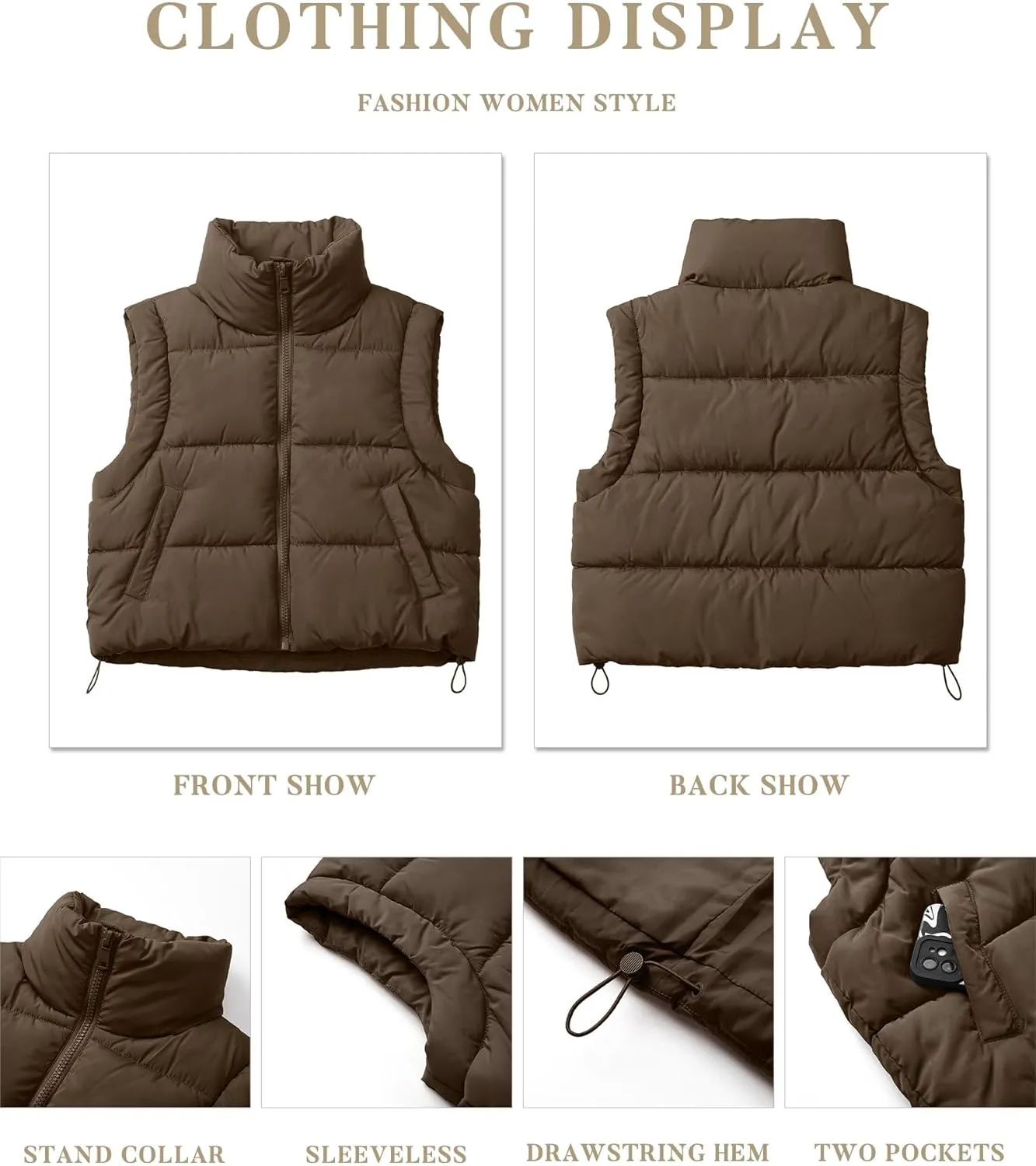 Women's Puffer Vest Lightweight Sleeveless Winter Outerwear Full Zipper Warm Padded Gilet Jacket Coat with Pockets